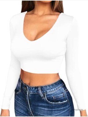 Long Sleeve V Neck Crop Top Fleece Lined Fitted Sexy